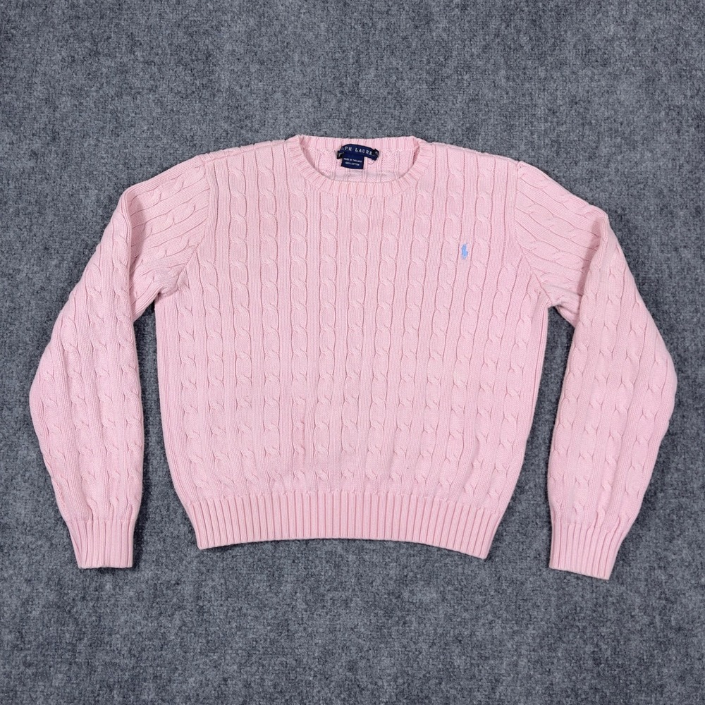 Vtg Ralph Lauren Cable Knit Sweater Womens L Pink Cotton Crew Neck Pony Logo